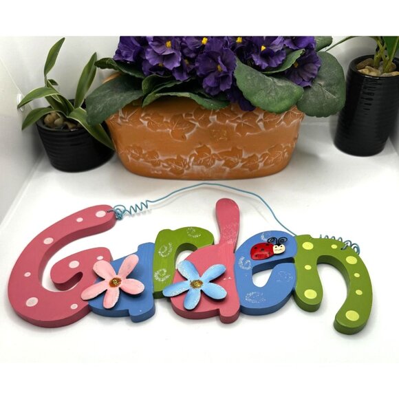 Colorful Wooden Garden Letter Hanging Sign With Flowers & Ladybug Art - Picture 1 of 6